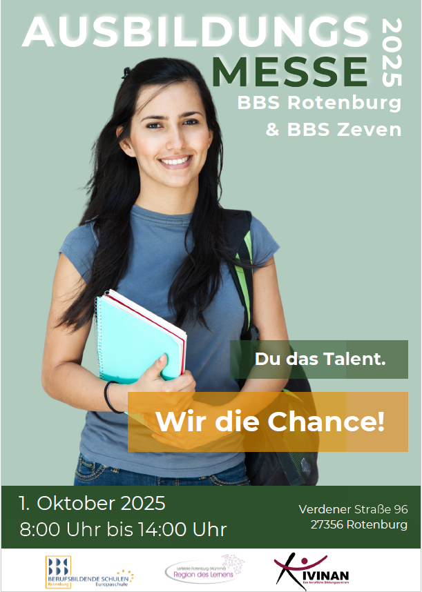 Plakat der Ausbildungsmesse 2025, die am 1. Oktober 2025 von 8:00 Uhr bis 14:00 Uhr an der BBS Rotenburg stattfindet.